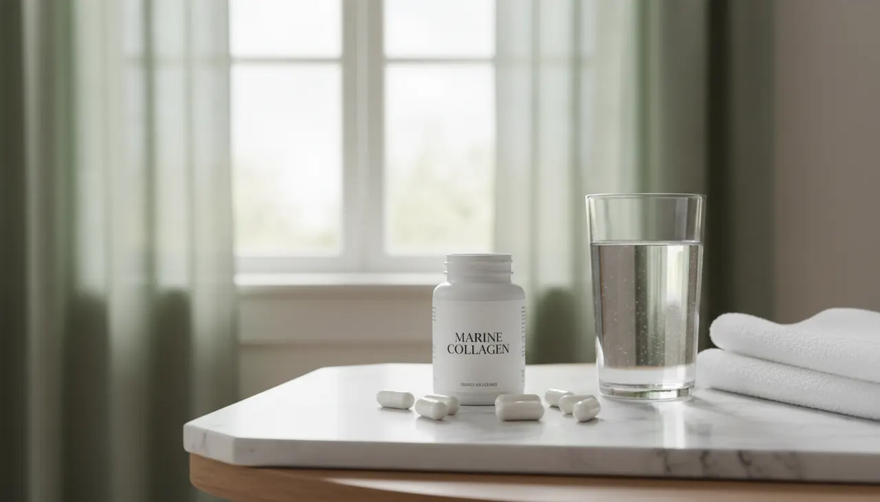 Swanson Vitaminsのマリンコラーゲンペプチドのボトルとカプセル、水のグラス。iHerbで人気の海洋性コラーゲンサプリのイメージ