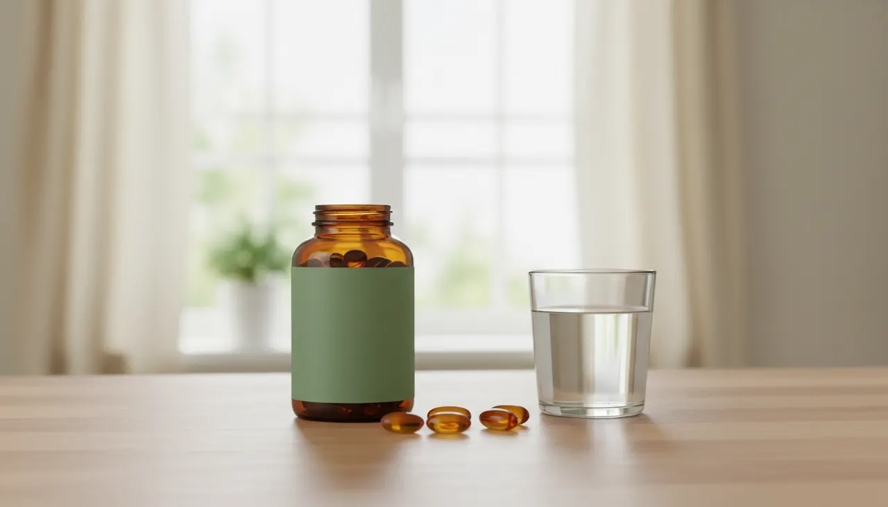 Swanson Vitamins CoQ10 100mgのボトルとソフトジェルカプセル、水のグラス
