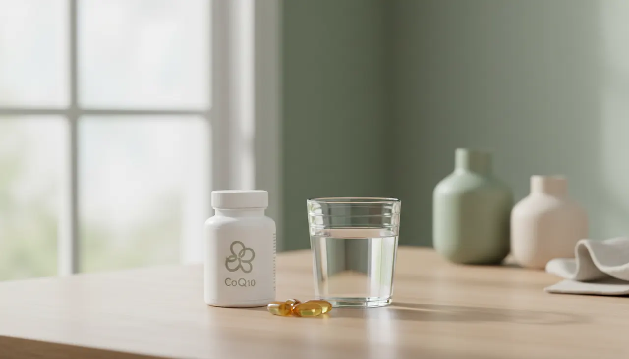 Swanson Vitamins CoQ10 10mgのボトルと水のグラス、カプセルが木製テーブルに並んでいる