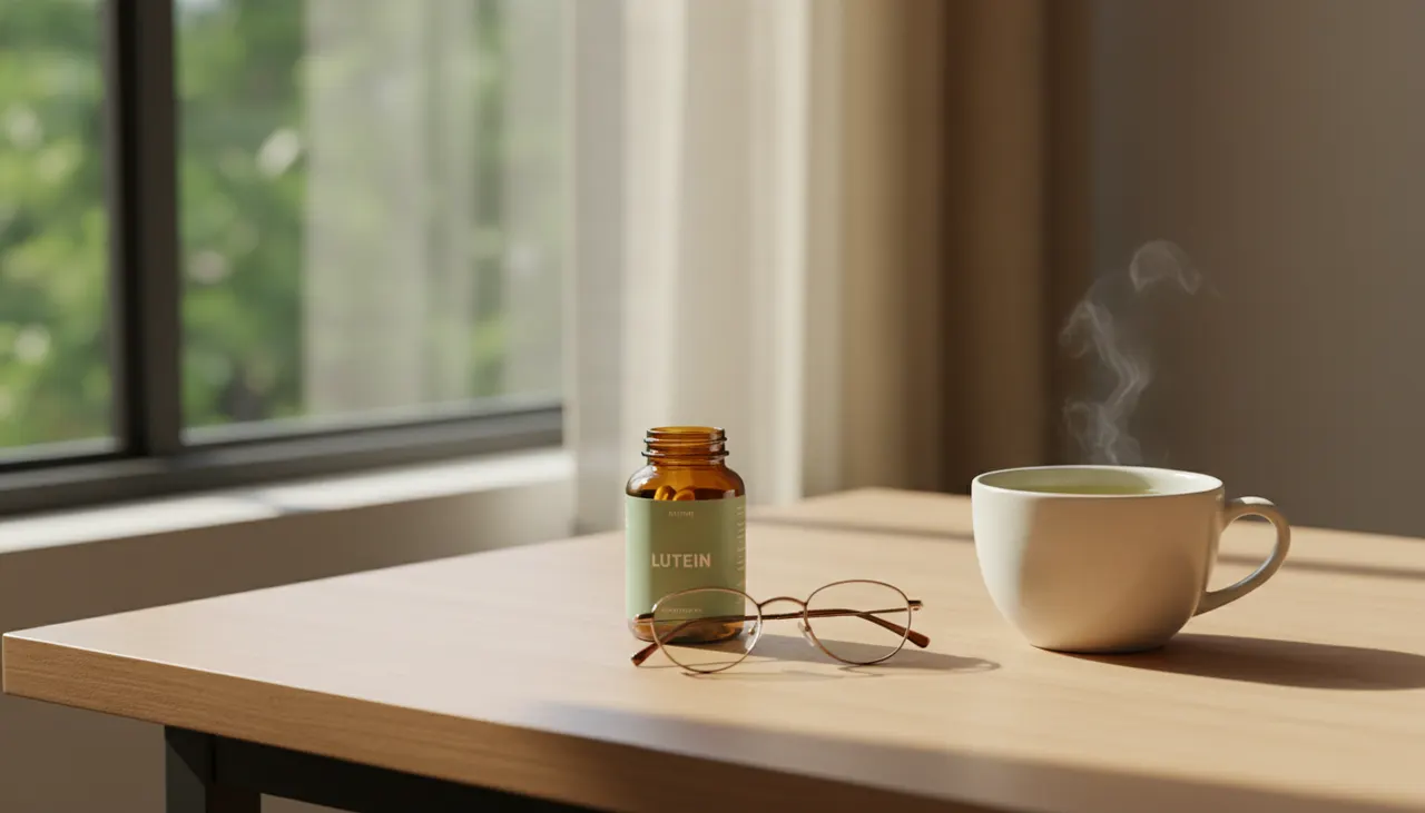 Swanson Vitaminsのルテインソフトジェルとメガネ、緑茶が並ぶ明るいデスクの画像
