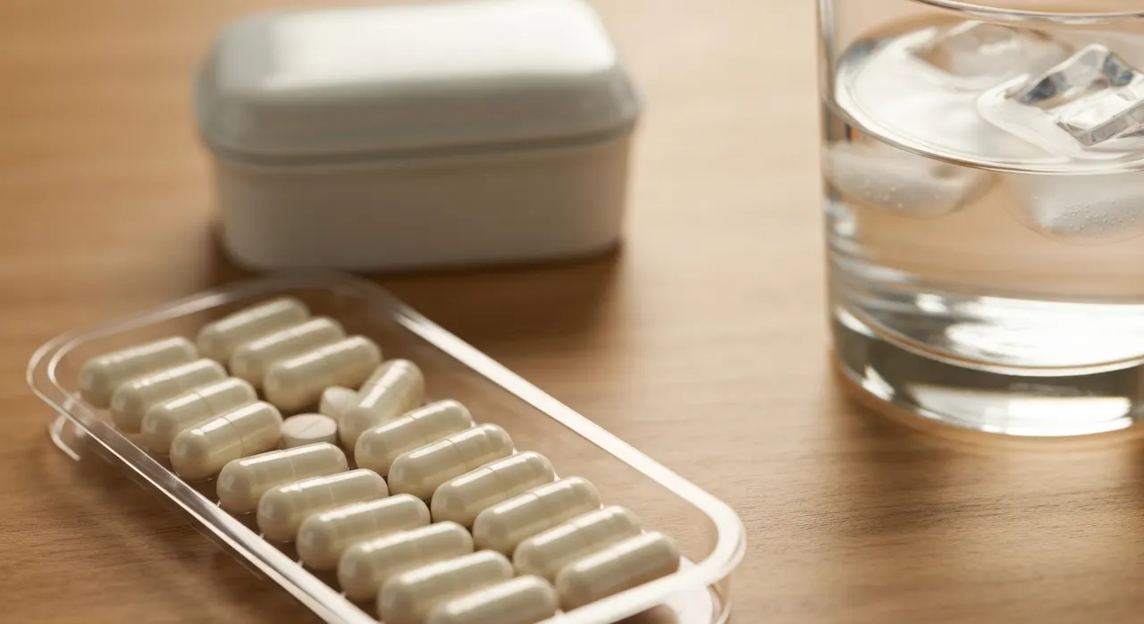 Swanson Vitaminsのトリプルマグネシウムコンプレックスのボトルとカプセル、水のグラス