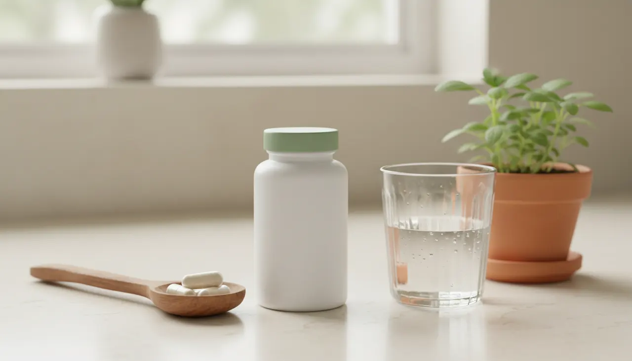 Swanson Vitaminsのプロバイオティクス・ラクトバチルス・アシドフィルスのボトルと白いカプセル、水のグラス