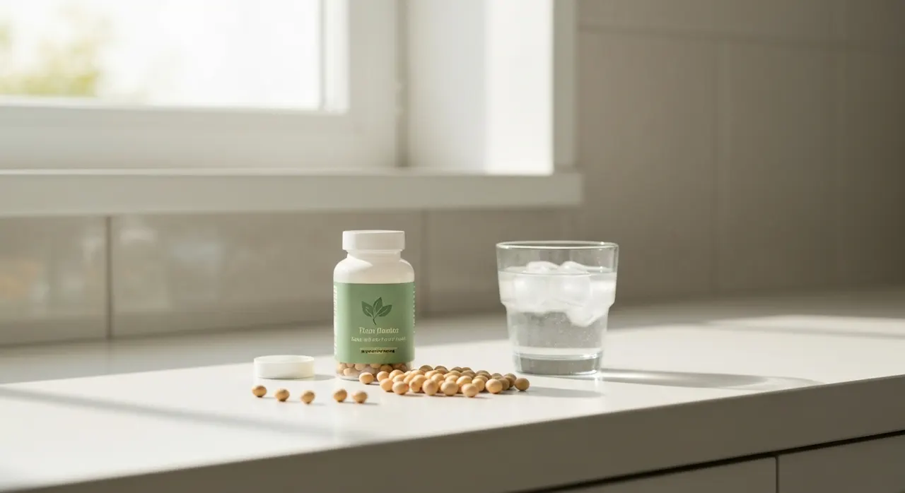 Swanson Vitaminsの大豆イソフラボンサプリと大豆、水のある明るいキッチンカウンター