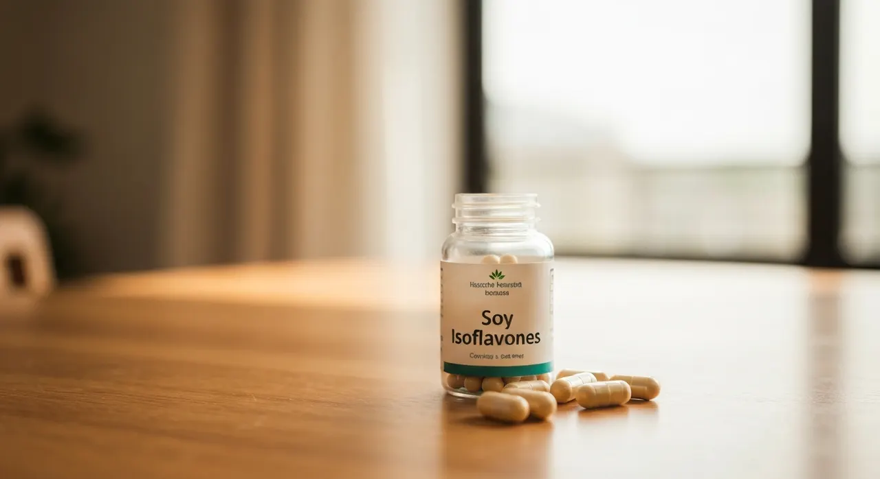 Swanson Vitamins 大豆イソフラボン 750mgのボトルと大豆、白磁のカップを明るい木のテーブルに並べた画像