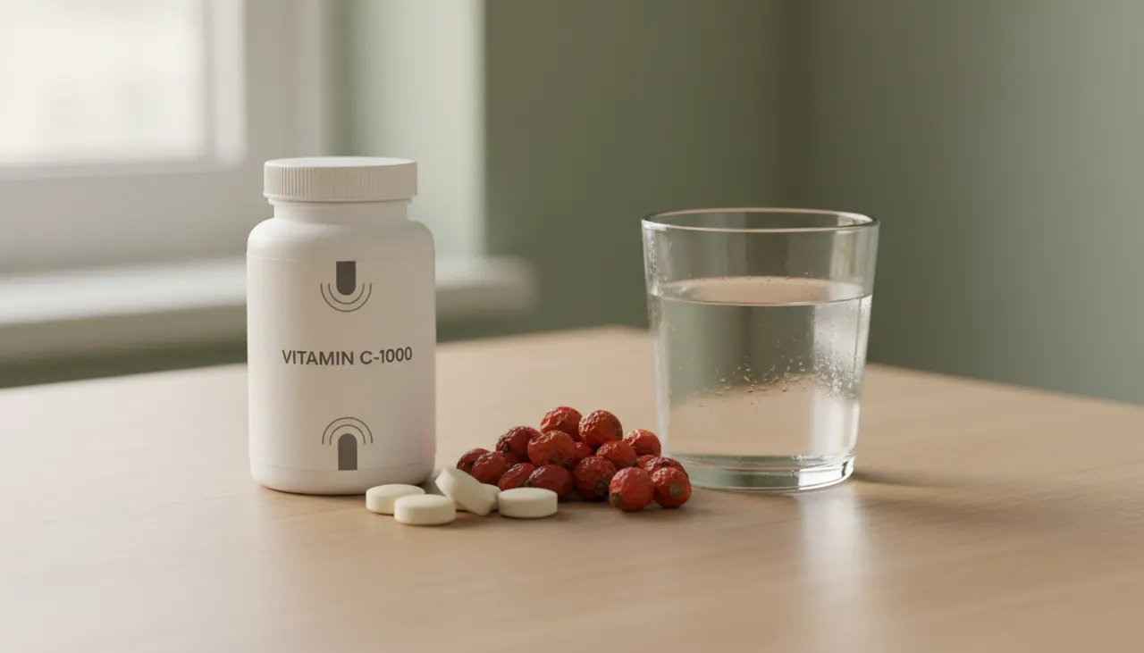 Swanson Vitamins のビタミンC-1000タブレットとローズヒップが木製テーブルの上に並ぶイメージ
