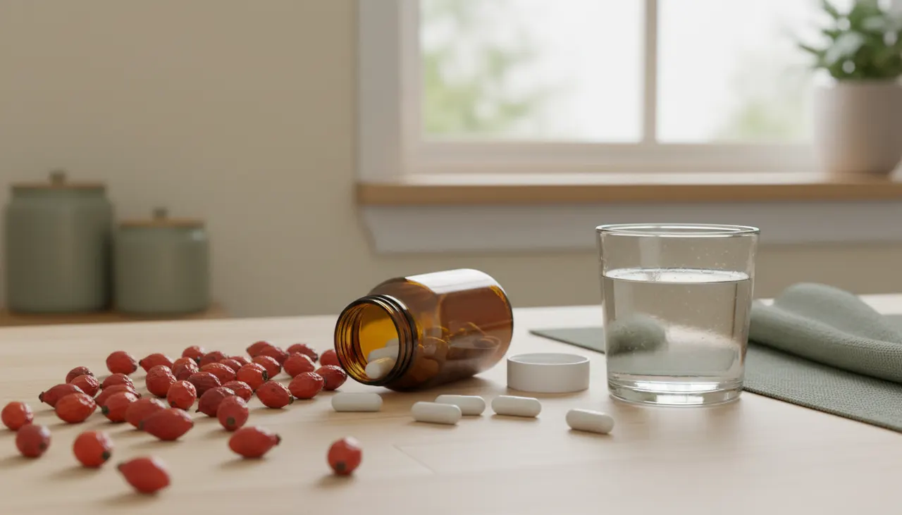 Swanson Vitamins ビタミンC 500mgのカプセルとローズヒップが木製テーブルに並んでいる様子