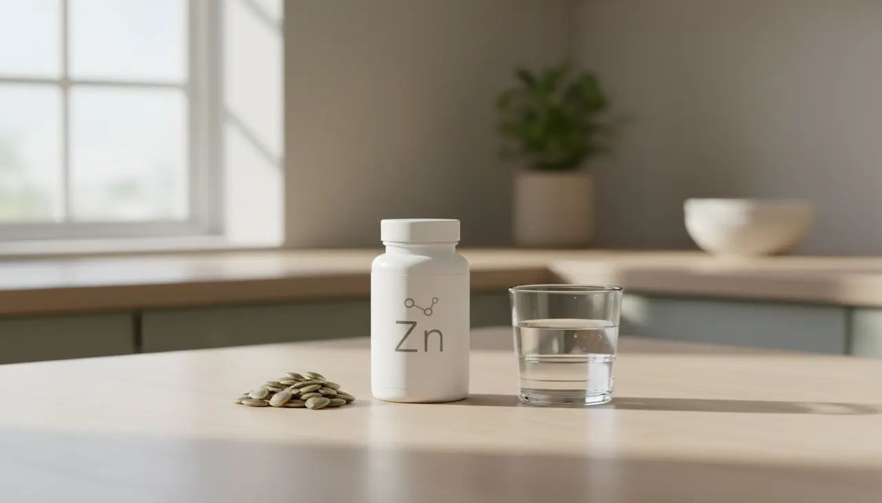 Swanson Vitamins の亜鉛サプリボトルとカボチャの種、水のグラス。iHerbで人気の亜鉛サプリのイメージ