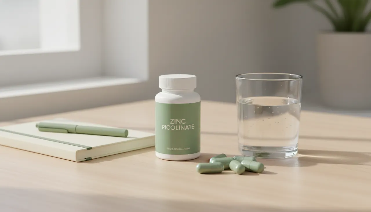 Swanson Vitaminsの亜鉛ピコリン酸サプリと水のグラス、ノートが置かれた明るい木製デスク