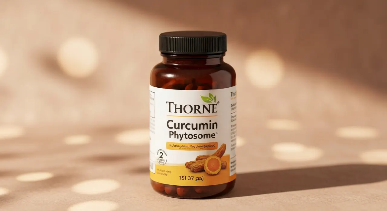 ThorneのCurcumin Phytosomeボトルとウコンの根・粉末が木製カウンターに並んでいる