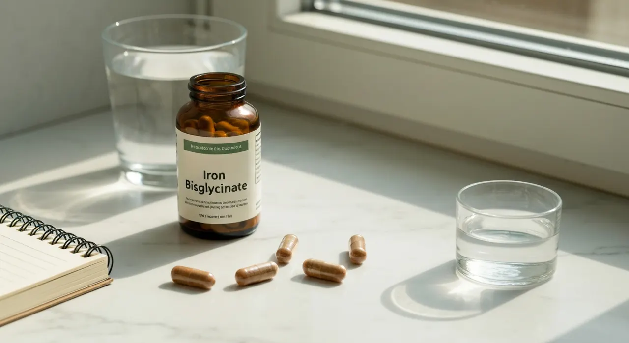 Thorne Iron Bisglycinateの茶色いボトルと数粒のカプセル、白いマーブル台の上に水のグラスと開いたノートが並ぶ朝の光景