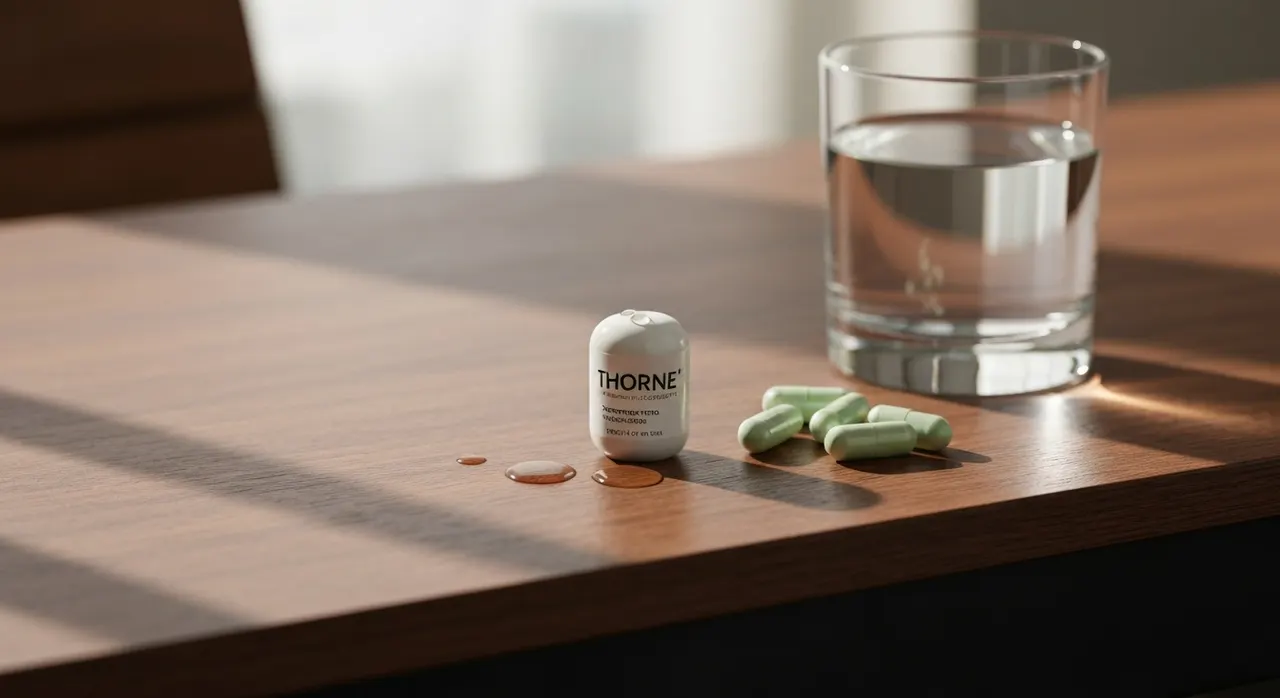 ThornのMagnesium CitraMateボトルと水のグラスが木製デスクに置かれている様子