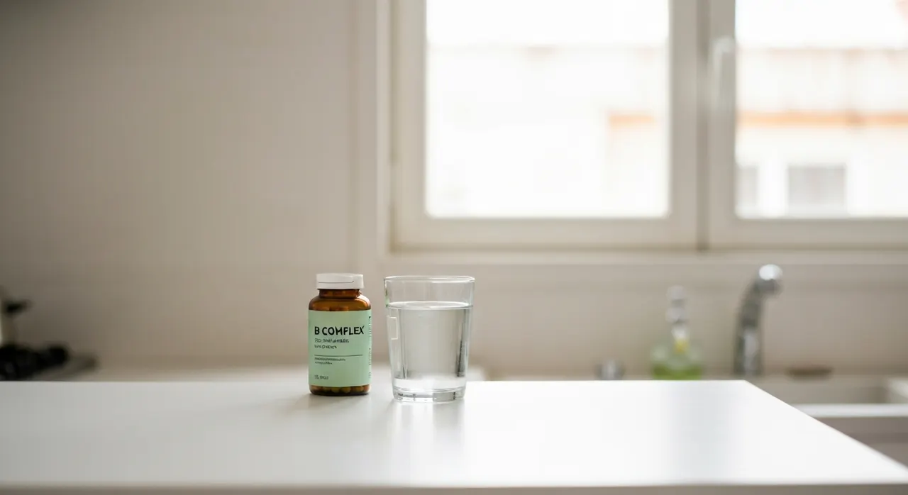 ThorneのBasic B ComplexとビタミンB群を含む食事イメージ。サプリボトルと水、朝食が明るいキッチンに並んでいる