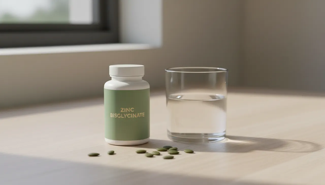 ThorneのZinc Bisglycinateサプリボトルと水のグラスと南瓜の種が木製デスクの上に並んでいる