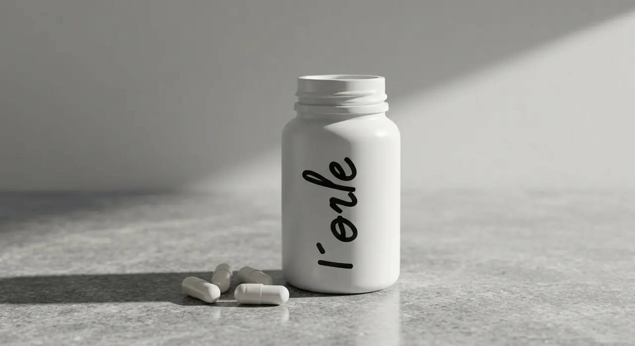 ThornのZinc Picolinate 15mgのボトルと白いカプセル、水のグラスが木のテーブルに置かれている