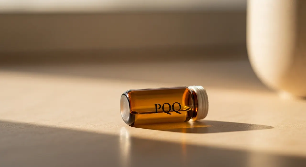 ToniiqのPQQ 20サプリメントボトルと水のグラス、デスクの上で研究ページを表示したノートパソコン