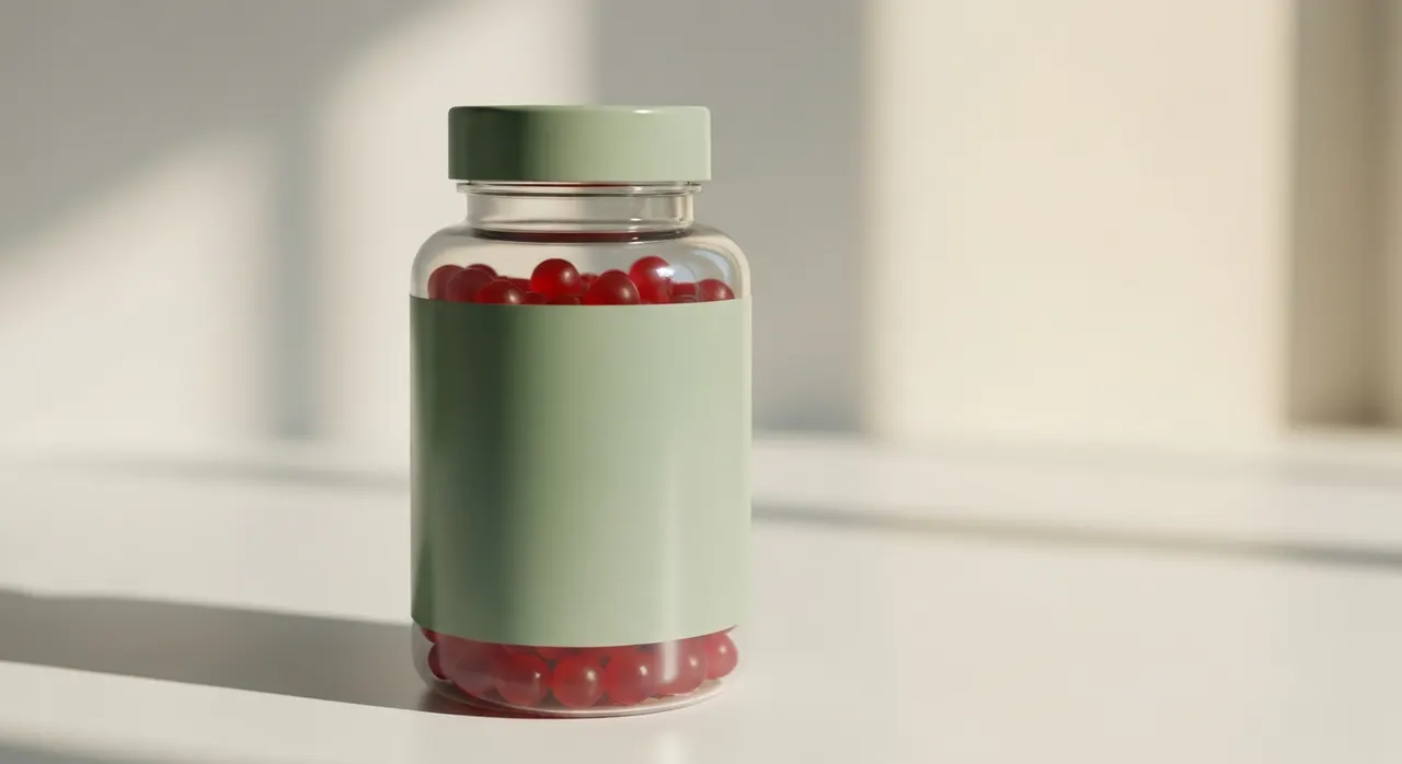 VitamaticのビタミンD3ストロベリーグミと水のグラスが明るいキッチンカウンターに置かれている