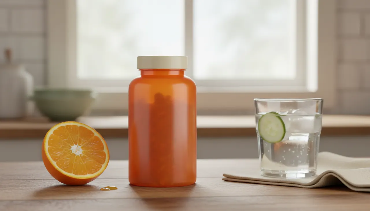 VitamaticビタミンD3グミのボトルとオレンジ、水のグラス。木製のキッチンカウンターに置かれ、自然光が差し込む