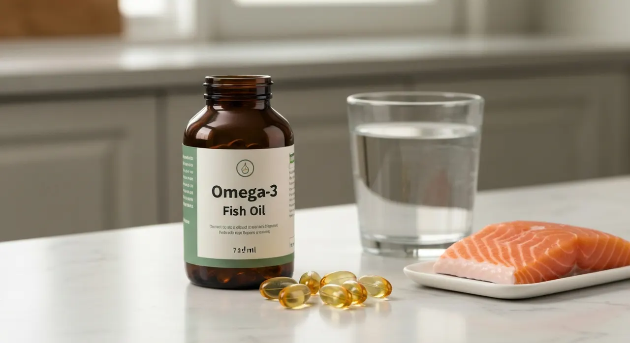 Viva Naturals オメガ3フィッシュオイルのボトルとソフトジェルカプセル、サーモンが並ぶキッチンカウンター