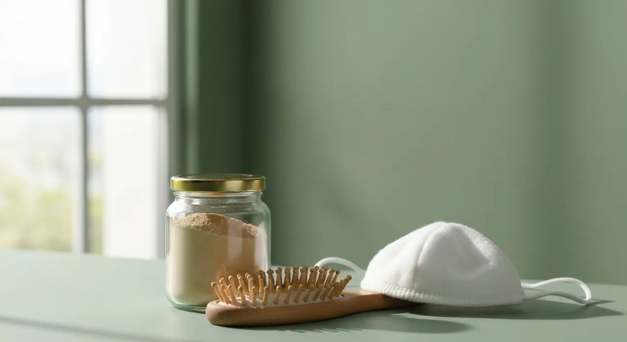 コラーゲンパウダーのガラス瓶、ヘアブラシ、オレンジ、ヒアルロン酸ボトルが並ぶ洗面台。髪のパサつきとコラーゲンの関係を示すイメージ。
