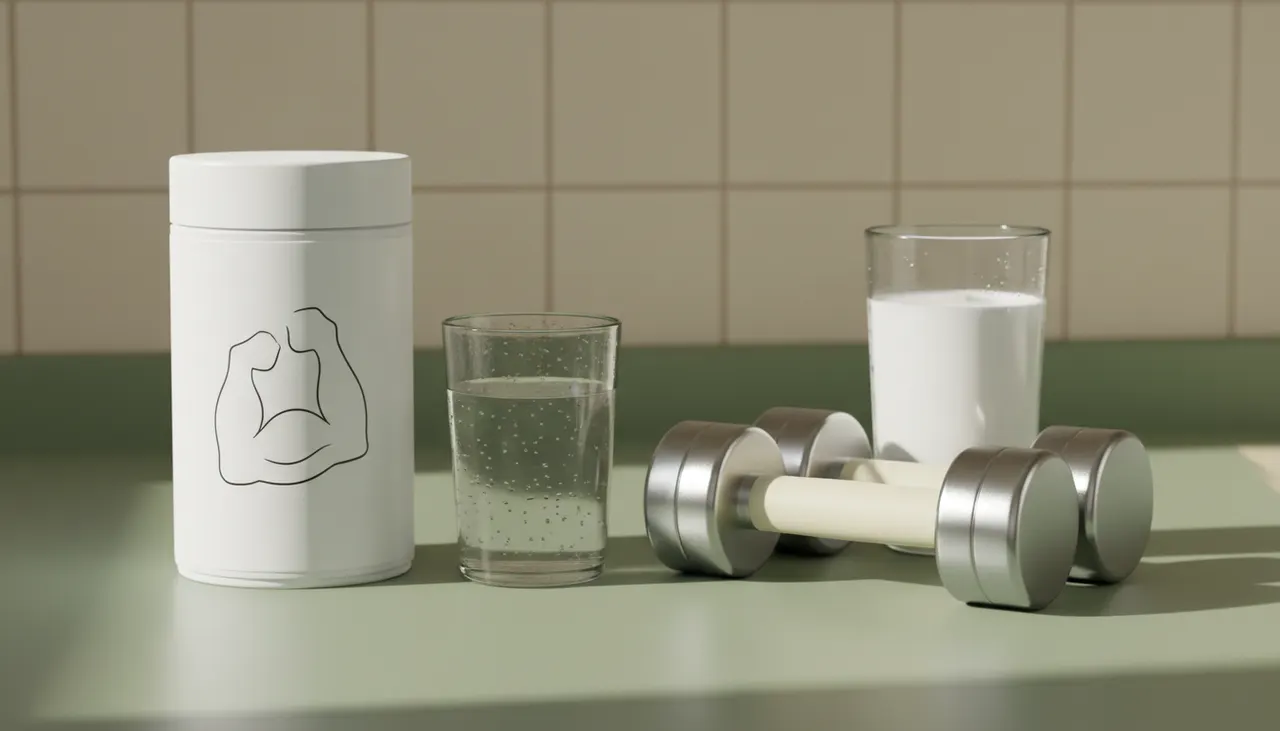 クレアチンパウダーの缶、水のグラス、軽いダンベル、牛乳が明るいキッチンカウンターに並んでいる画像