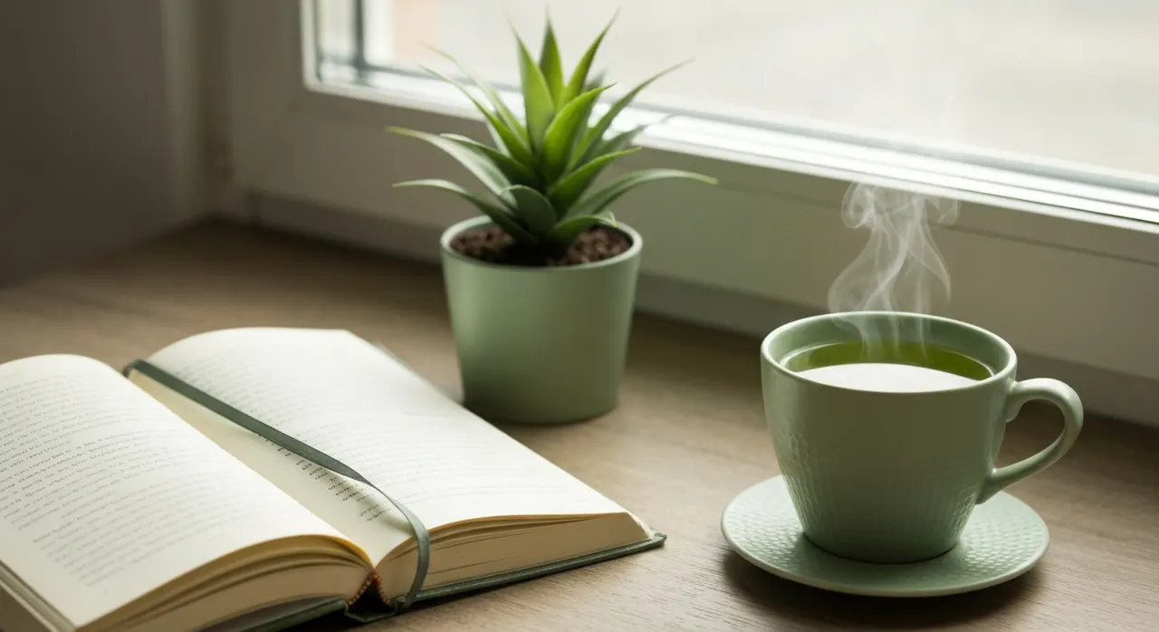 木製のデスクに並んだ抹茶碗・サプリメントカプセル・開いたノートと緑茶カップ。L-テアニンと集中サポートのイメージ