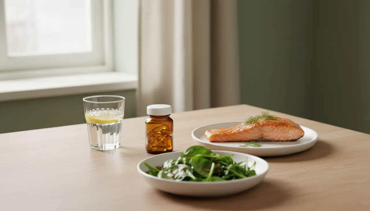魚油サプリのボトルとサーモン、グリーンサラダが明るいキッチンテーブルに並んでいる。オメガ3DHA・EPAと食欲の関係を解説する記事のアイキャッチ画像