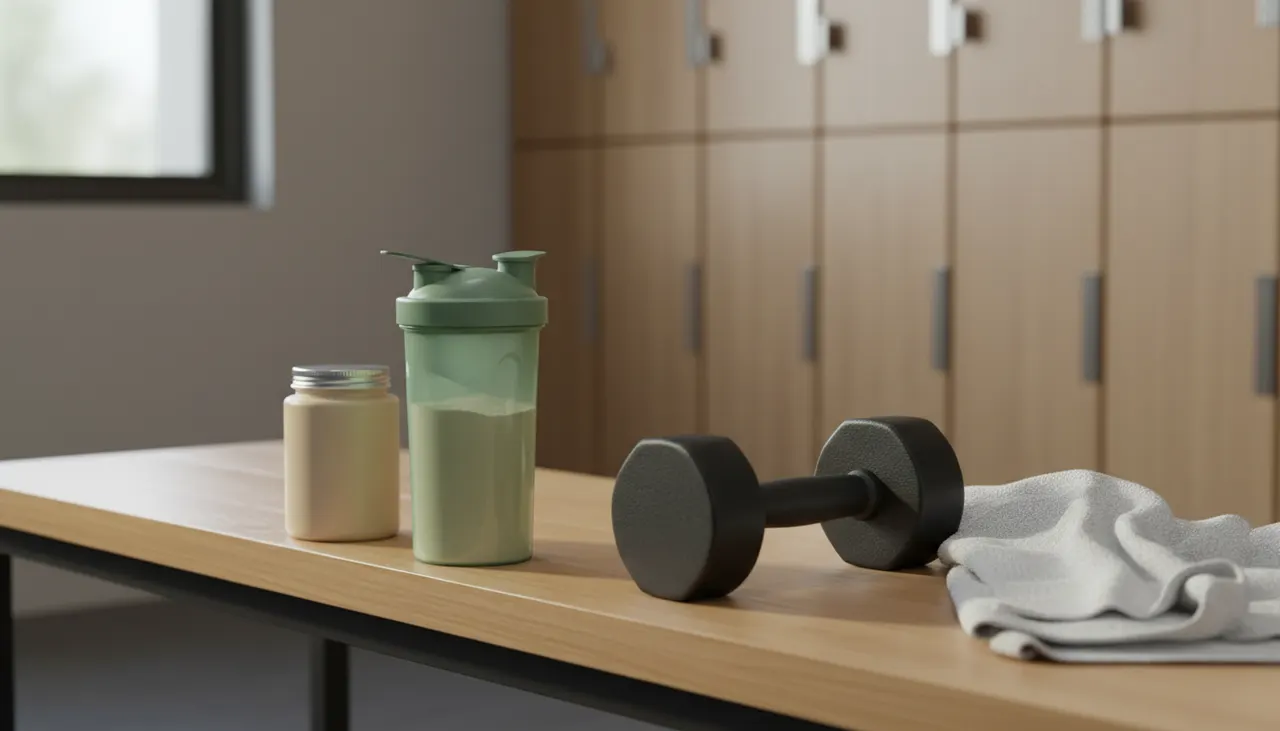 プロテインシェイカーとプロバイオティクスサプリと筋トレ器具が並ぶジムのベンチ。筋トレの成果をサポートする腸内環境のイメージ
