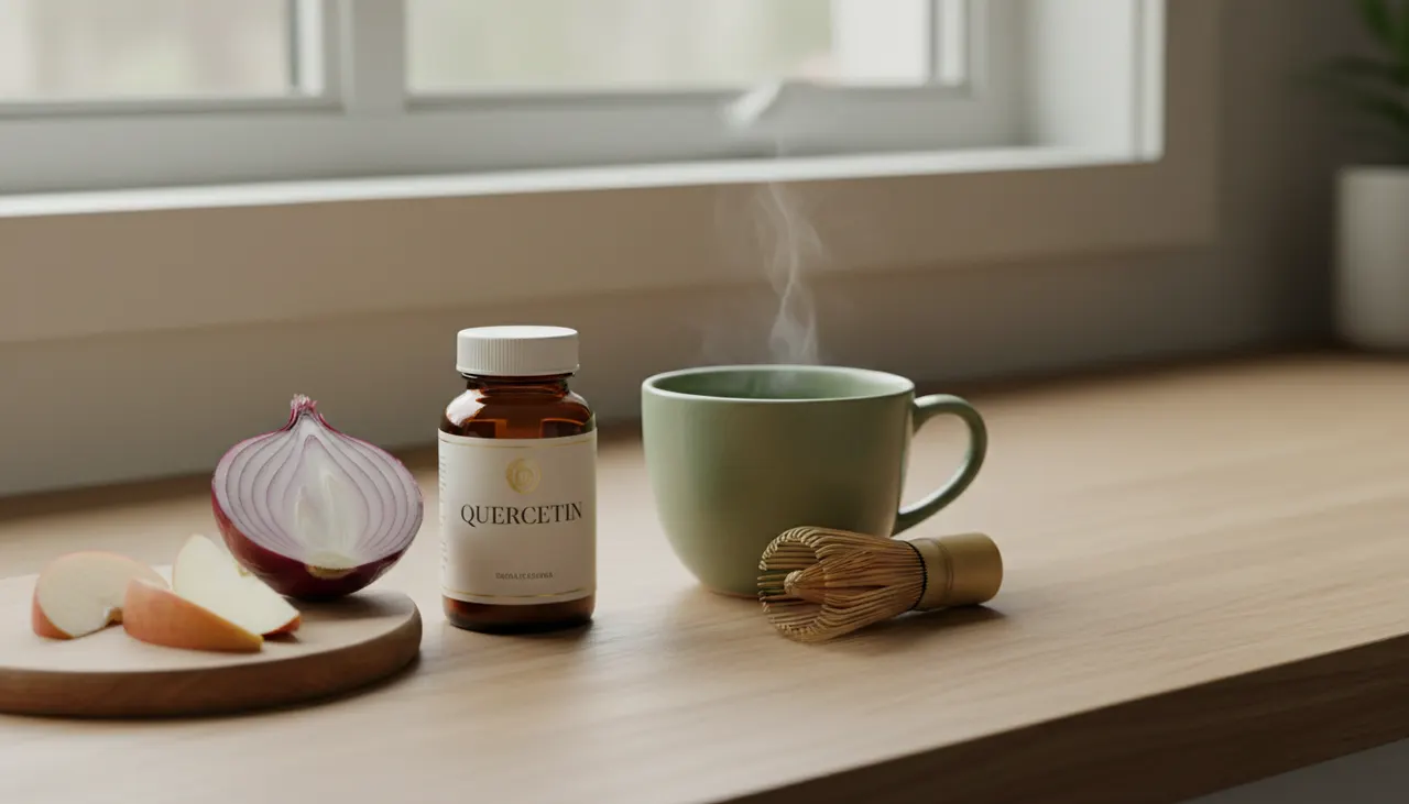 ケルセチンのサプリボトルと玉ねぎ・りんご・緑茶を並べたキッチンカウンター。ケルセチンが含まれる食材のイメージ。