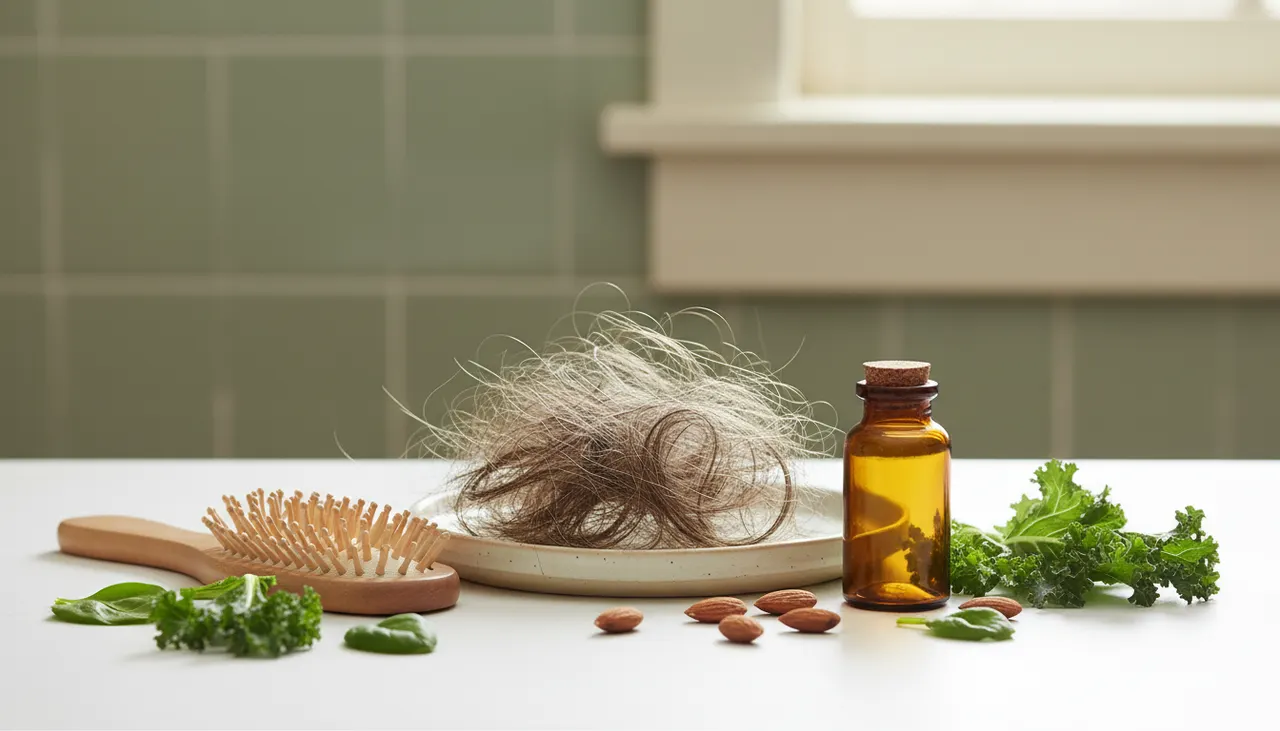 パサついた髪の毛束、サプリメントボトル、ヘアブラシと緑の葉物野菜が明るい洗面台に並んでいる