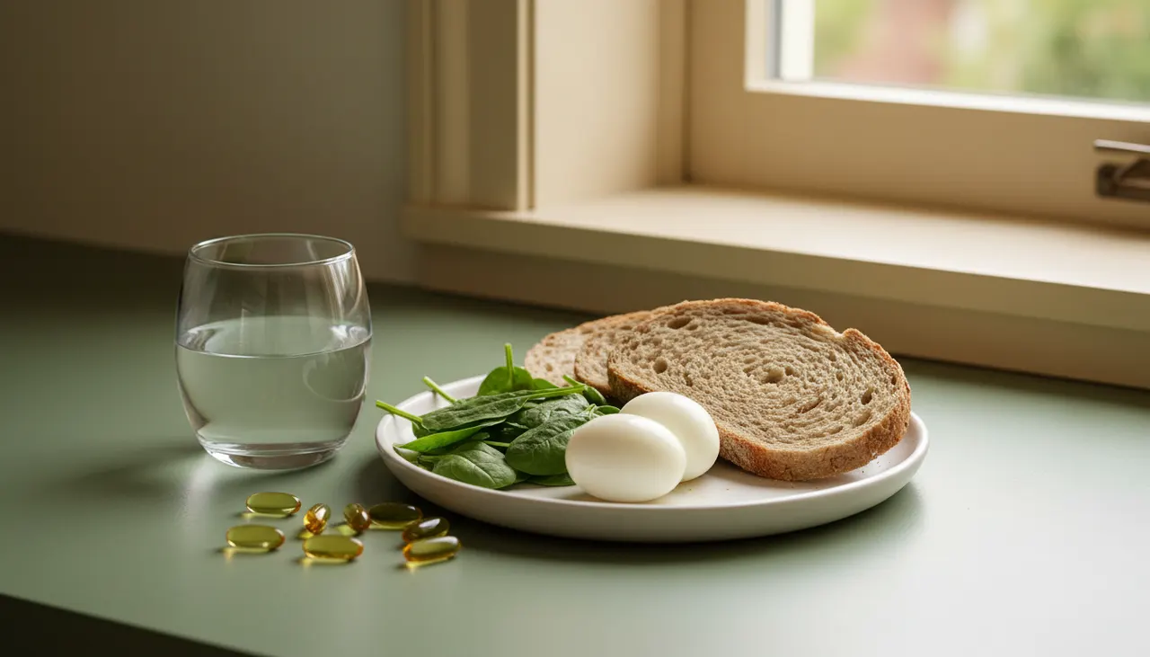 産後の抜け毛が気になる女性のために、ビタミンB群サプリと食材を並べた明るいキッチンのイメージ