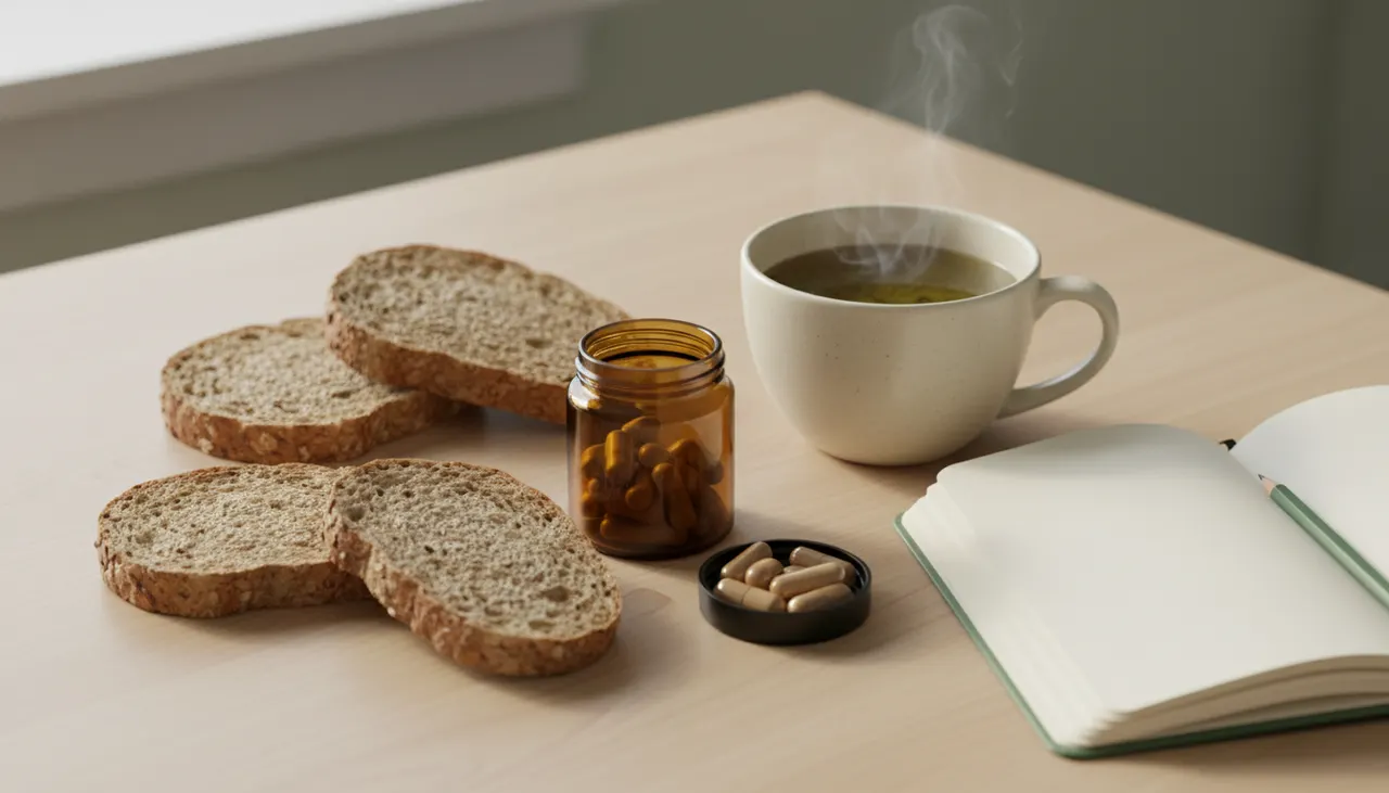 ビタミンB群のサプリと全粒パン・緑茶が並んだデスク。緊張しやすい体質とビタミンB群の関係を示すイメージ