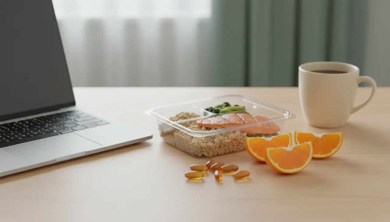 コンビニ弁当とビタミンCサプリ、オレンジが並ぶデスクの上。外食が続く日の栄養バランスをテーマにしたイメージ