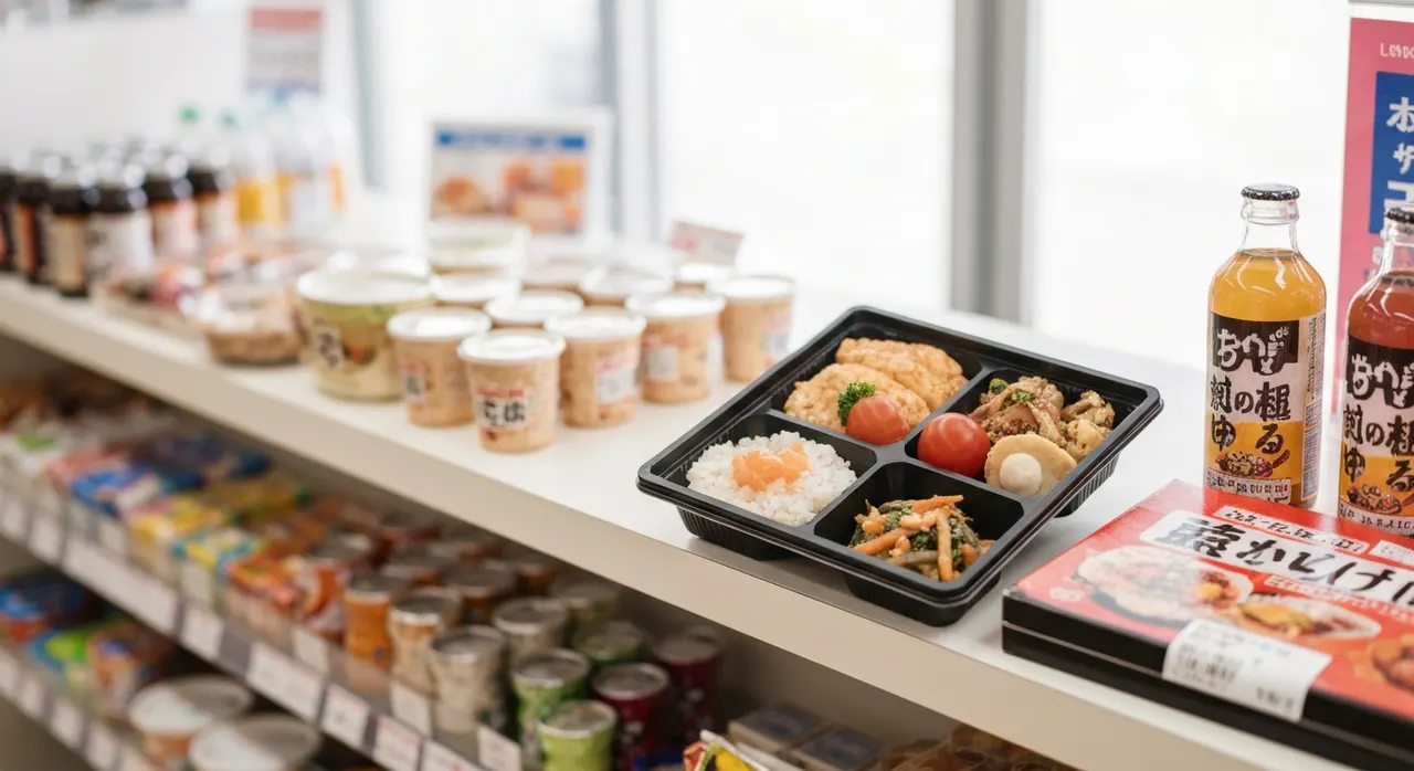 コンビニ食や弁当が並ぶオフィスデスクと亜鉛サプリメントのボトル。外食続きの栄養バランスを考えるイメージ