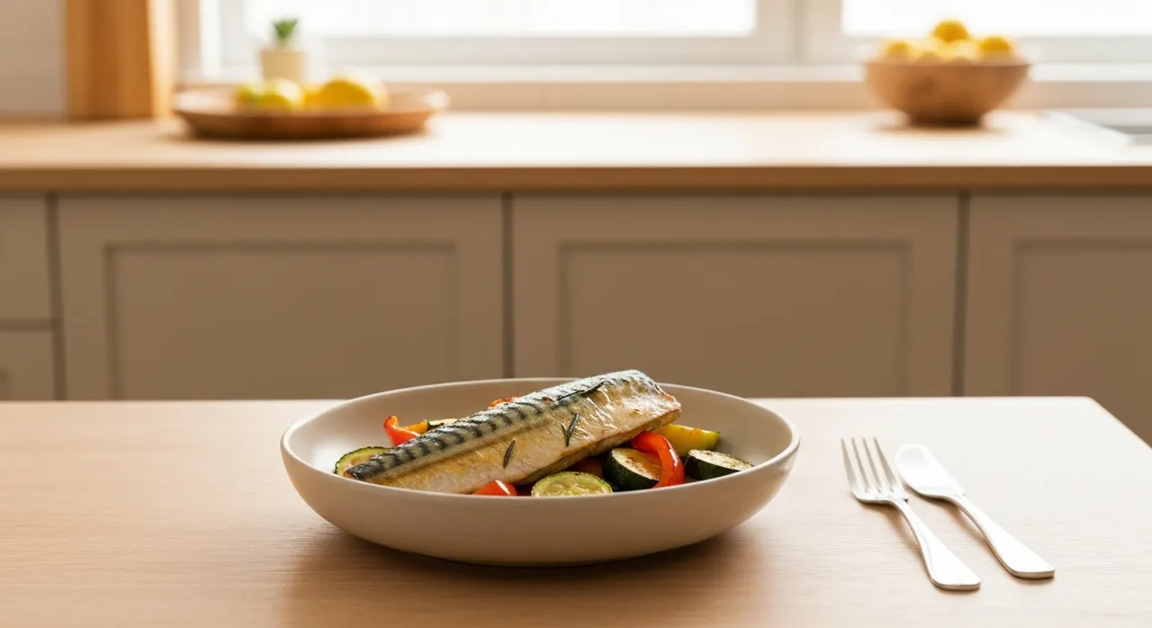 コレステロール・中性脂肪が気になる方向けに、オメガ3サプリと青魚の食事を並べたキッチンテーブルのイメージ