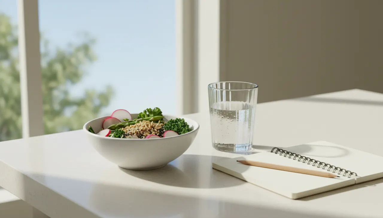 ダイエット中の食事と栄養管理のイメージ。野菜・穀物・水・記録ノートが並ぶ明るいキッチン