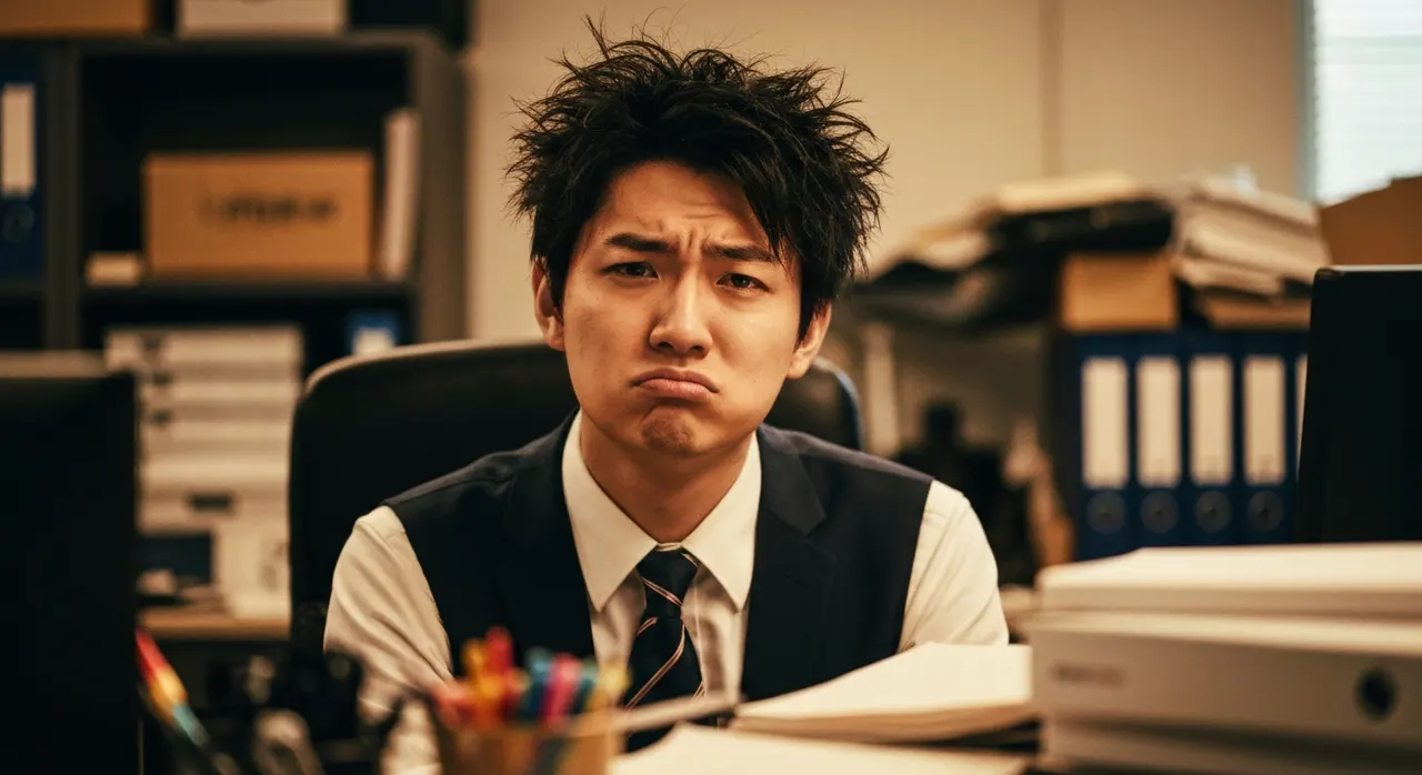デスクでパソコン作業中に目を押さえる人の手元。水のグラスとサプリのボトルが隣に置かれている。