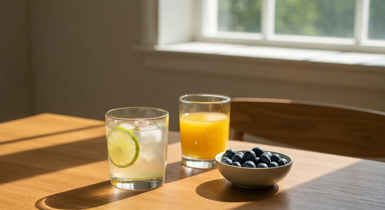 朝の食卓に置かれた水のグラス・サプリのボトル・サーモンと野菜のボウル。関節ケアの習慣をイメージした写真