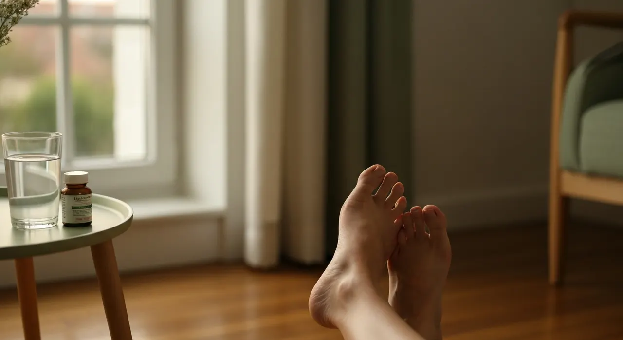 夕方に脚がむくんで重だるくなった女性が、椅子に座って足を伸ばしている様子