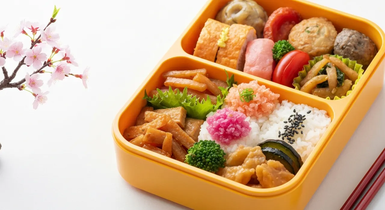 コンビニ弁当・ラーメンと一緒に置かれたサプリメントとサラダカップ。外食続きの栄養バランスを考えるイメージ
