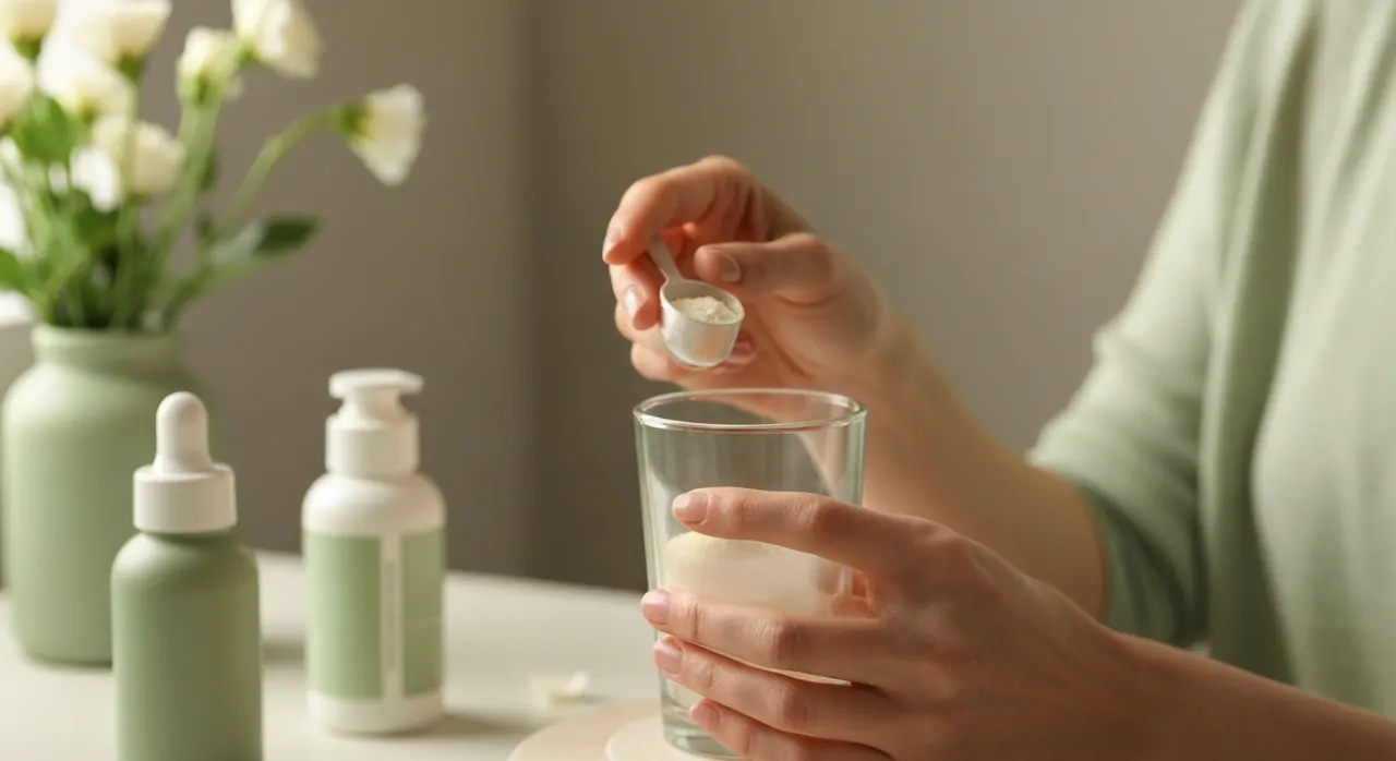 コラーゲンサプリを飲み物に溶かして取り入れる美容ケアのイメージ