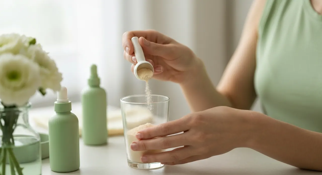 ヒアルロン酸の保湿ケアをイメージした、みずみずしい肌ケアアイテムが並ぶシーン