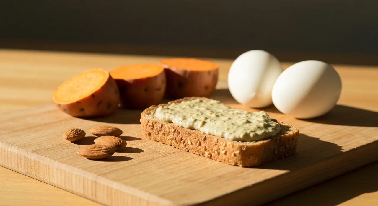 ビオチンを含む食材として卵やナッツが白いテーブルに並んでいるイメージ