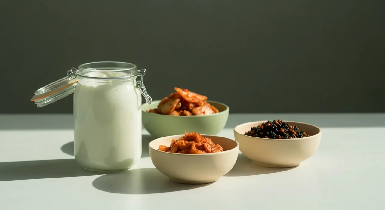 ヨーグルトや発酵食品に含まれる乳酸菌・ビフィズス菌のイメージ。腸内環境と気分の関係を示す