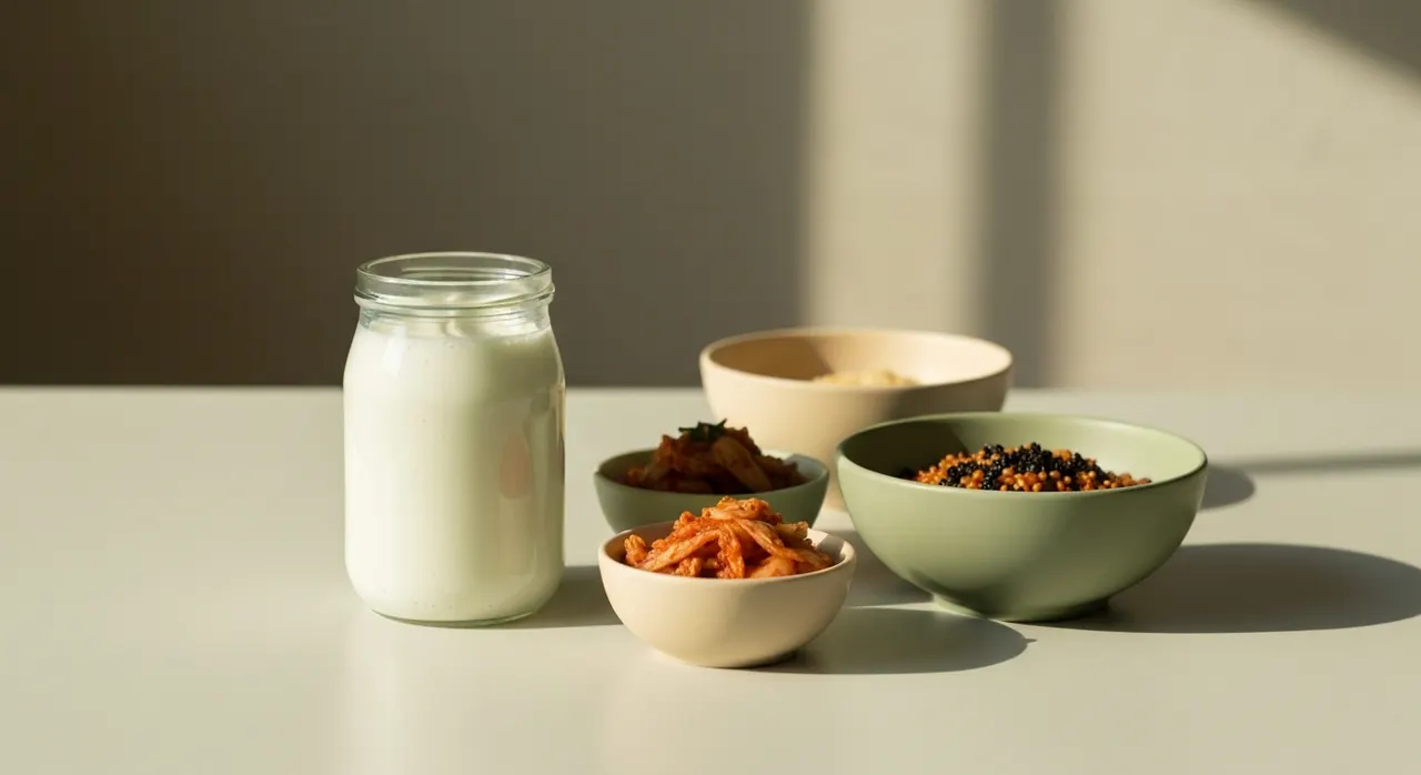 ヨーグルトや発酵食品。腸活に関わるプロバイオティクスを含む食品のイメージ