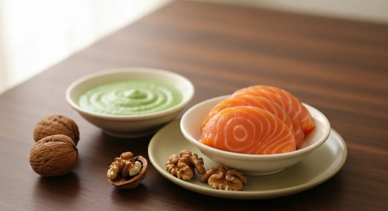 フィッシュオイルのサプリカプセルと、青魚・くるみ・チアシードが並ぶ。オメガ3を含む食品のイメージ。