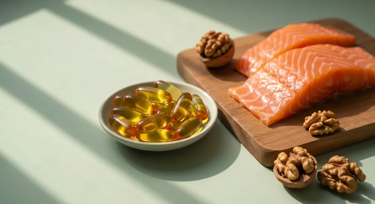 Viva Naturals オメガ3フィッシュオイルのソフトジェルカプセルと青魚のイメージ