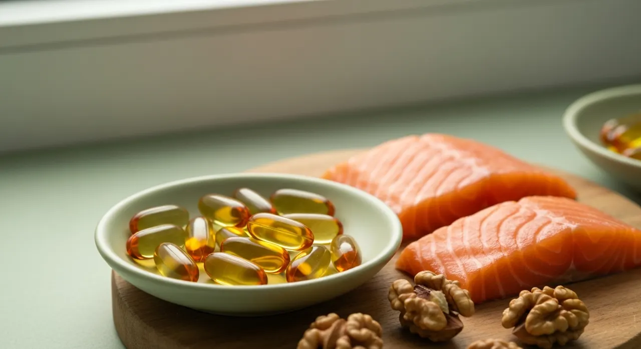 NOW Foods Ultra Omega-3のフィッシュオイルソフトジェルカプセルと魚のイメージ