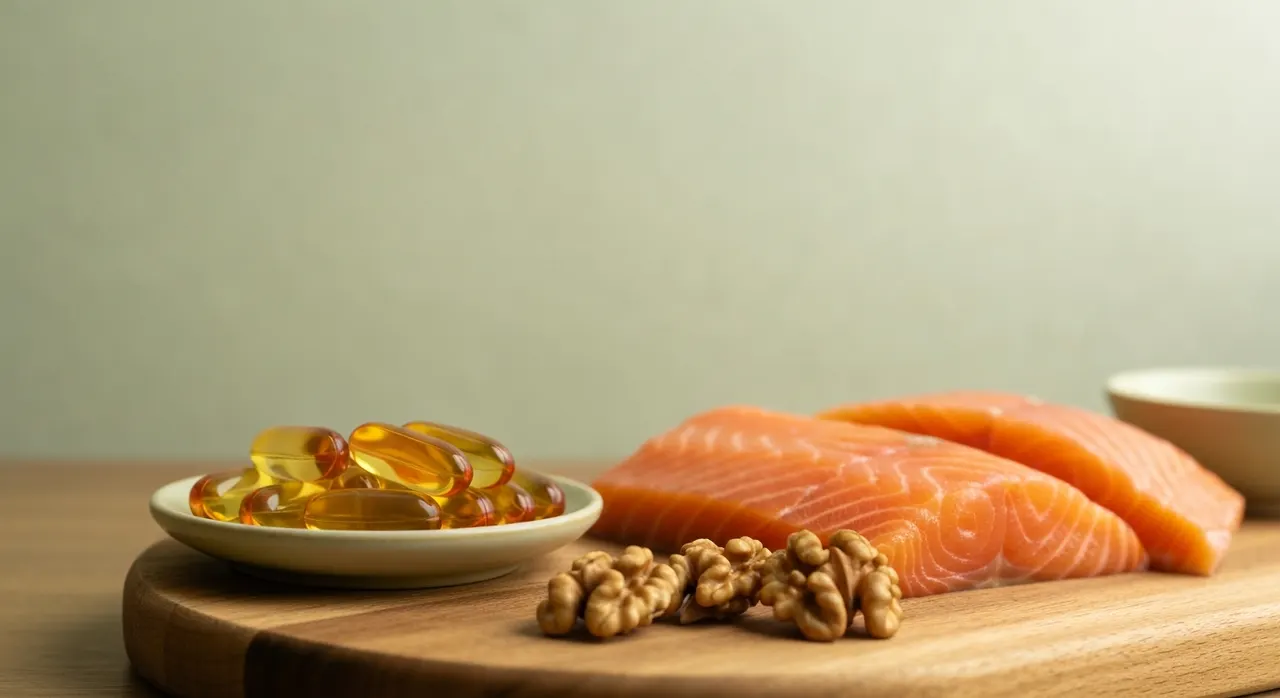 NOW Foods Ultra Omega-3のフィッシュオイルソフトジェルカプセルと魚のイメージ