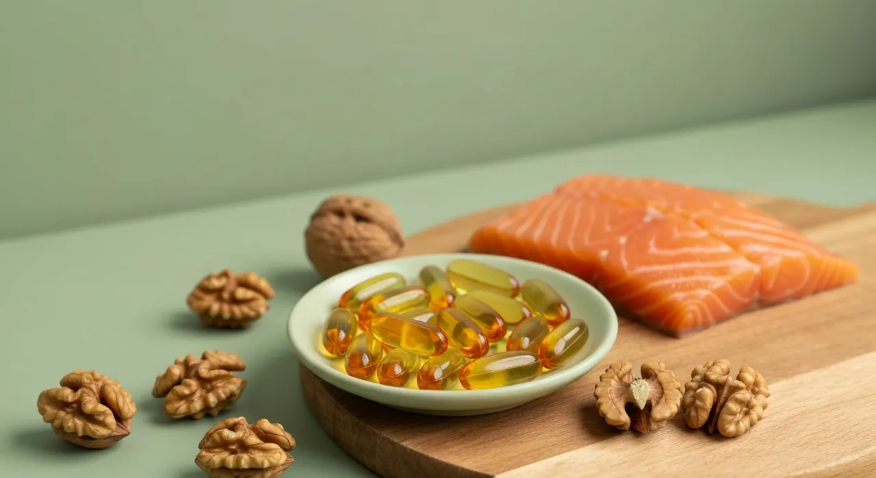 オメガ3（DHA/EPA）のイメージ。フィッシュオイルのサプリと青魚の食材