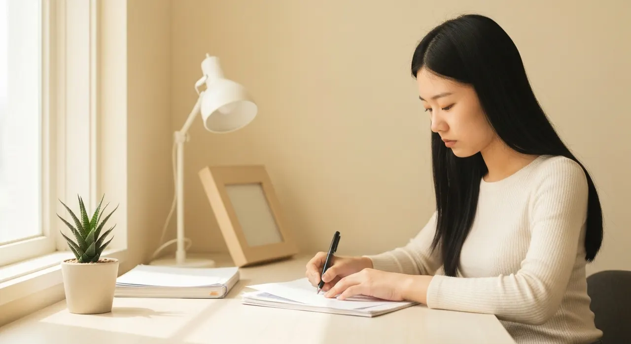 デスクの前で頭を抱えて集中できない様子。午後の頭のぼんやりのイメージ